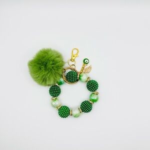 Elegant Green Beaded Keychain with Pom Pom